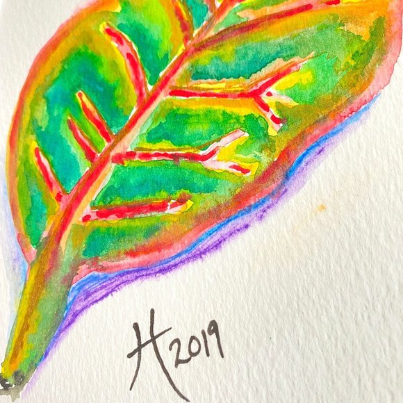 Colorful Croton II - Original Art Acrylic Marker Leaf Painting 8”x10” White Mat - Picture 3 of 8